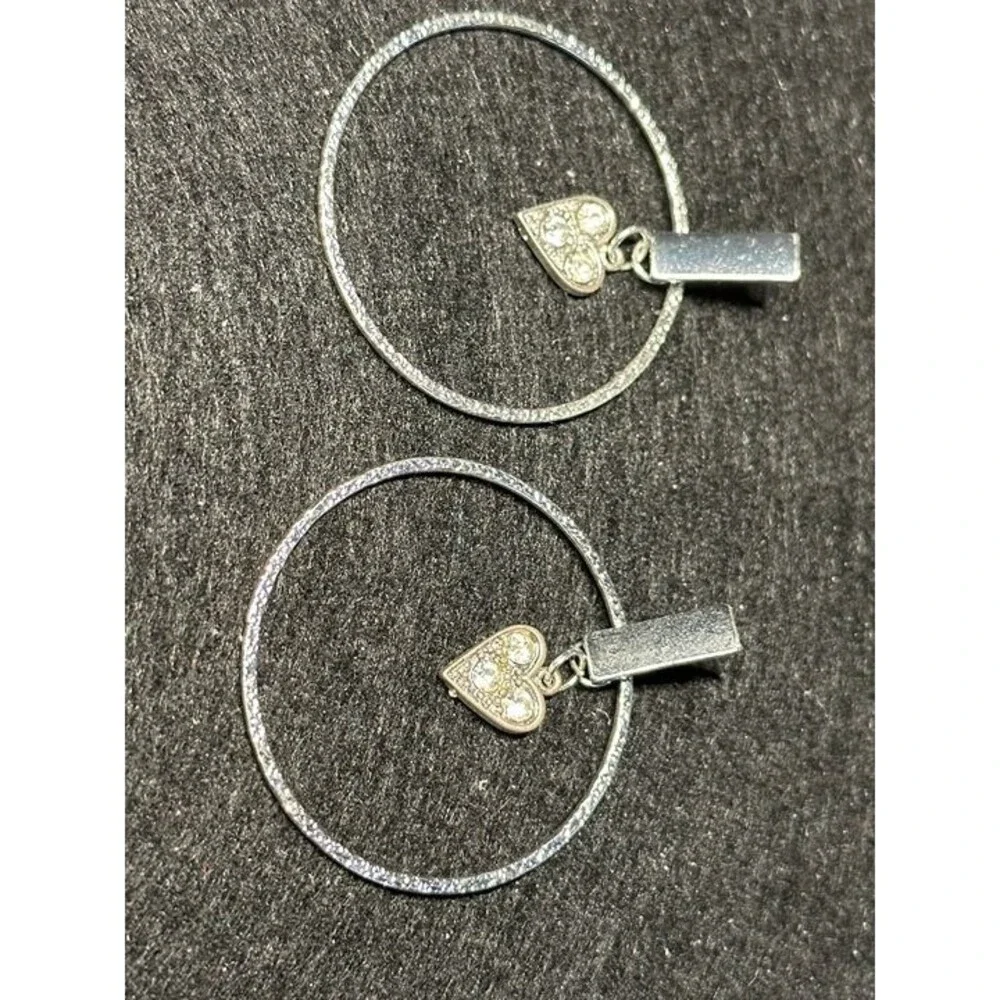 Sarah & Co Silver Tone Hoop Earrings with Rhinestone Heart Charm Dangle New